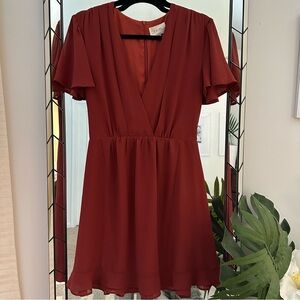 Elegant Rust Red V-Neck Dress